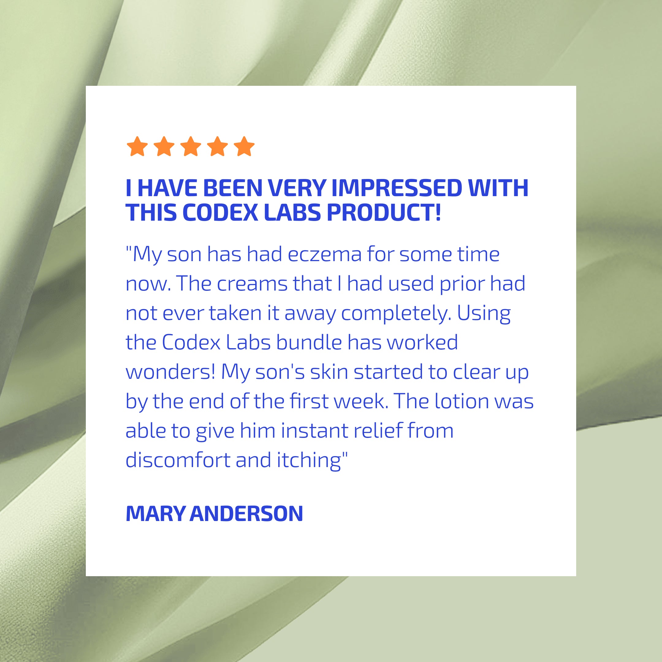 A Mother reviewing a Codex Labs product about Eczema with a 5 Star Review. Mary