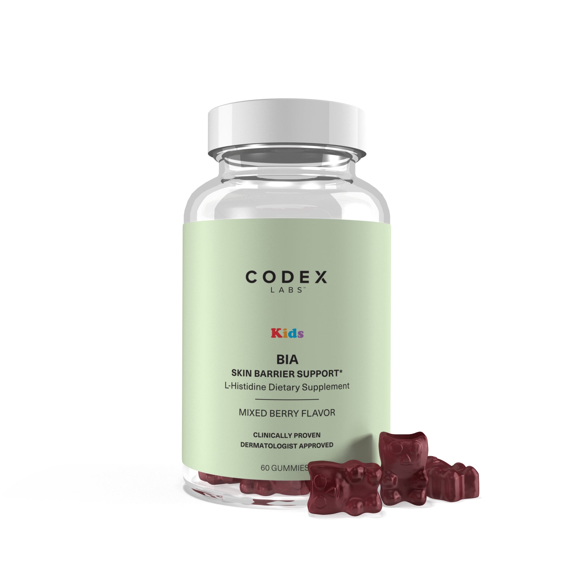 Codex Labs Kids BIA Skin Barrier Support supplement bottle with gummy bears on a white background