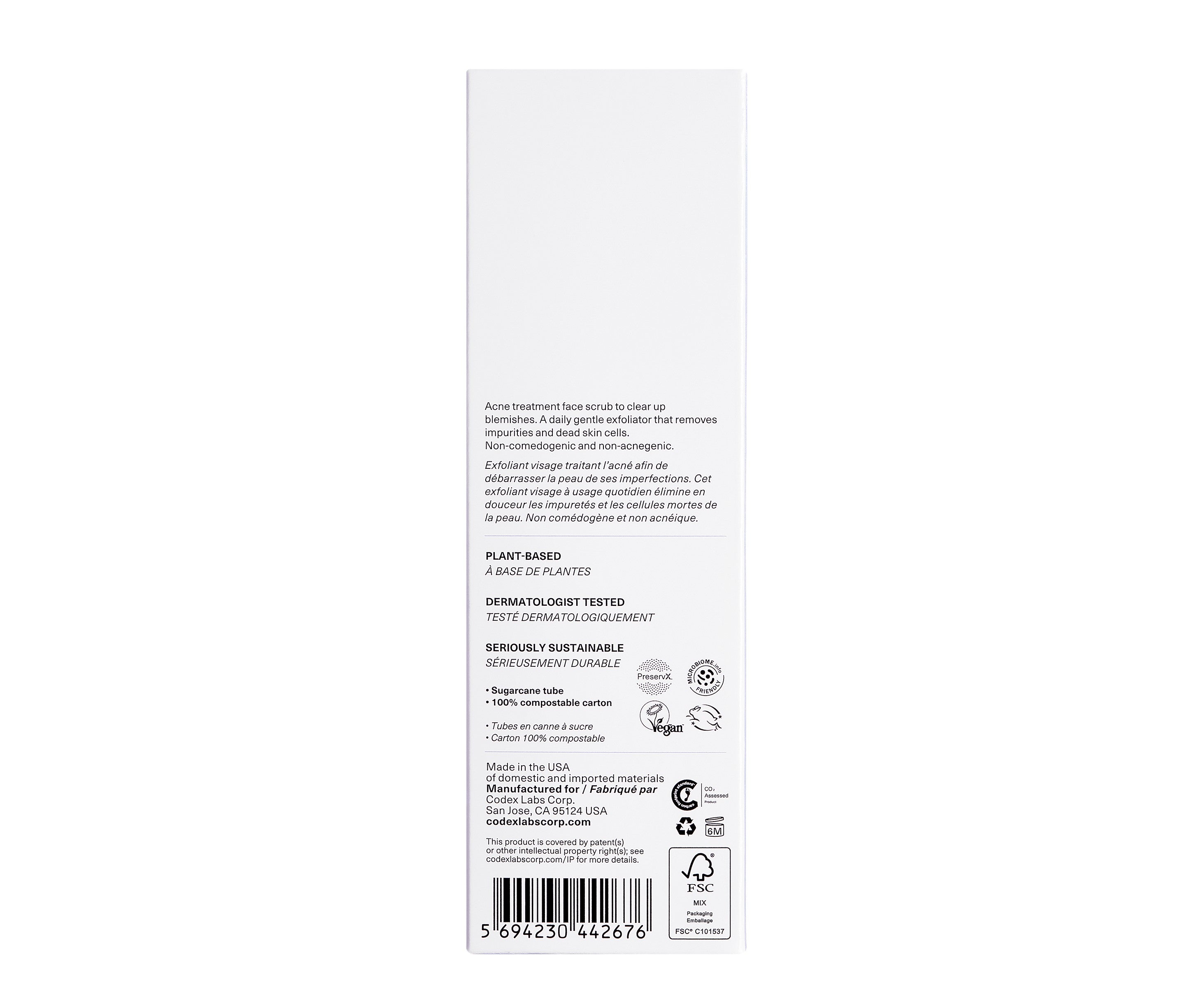 Shaant Pore Purifying Acne Face Scrub side of carton on white background.