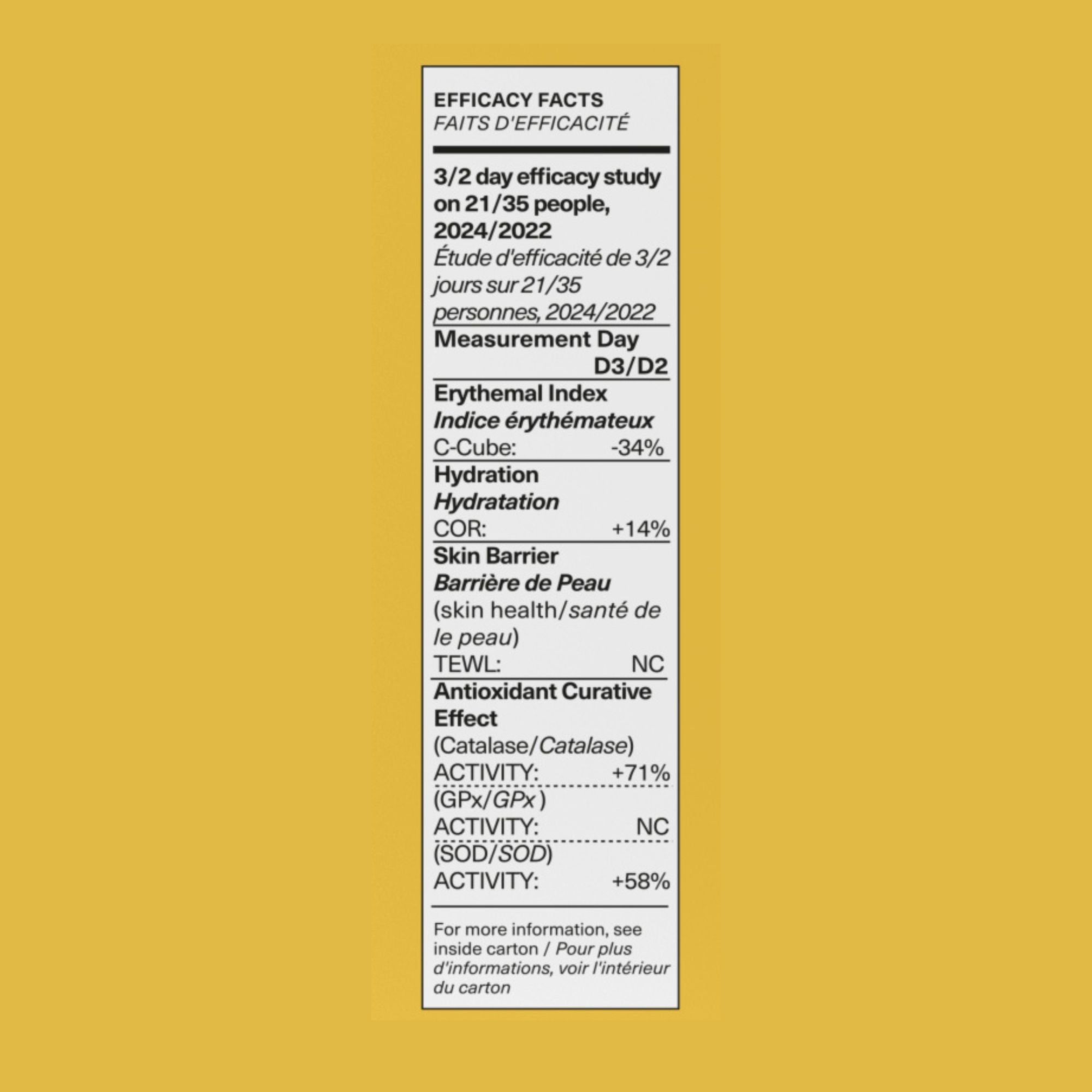 Product label with efficacy facts on a yellow background