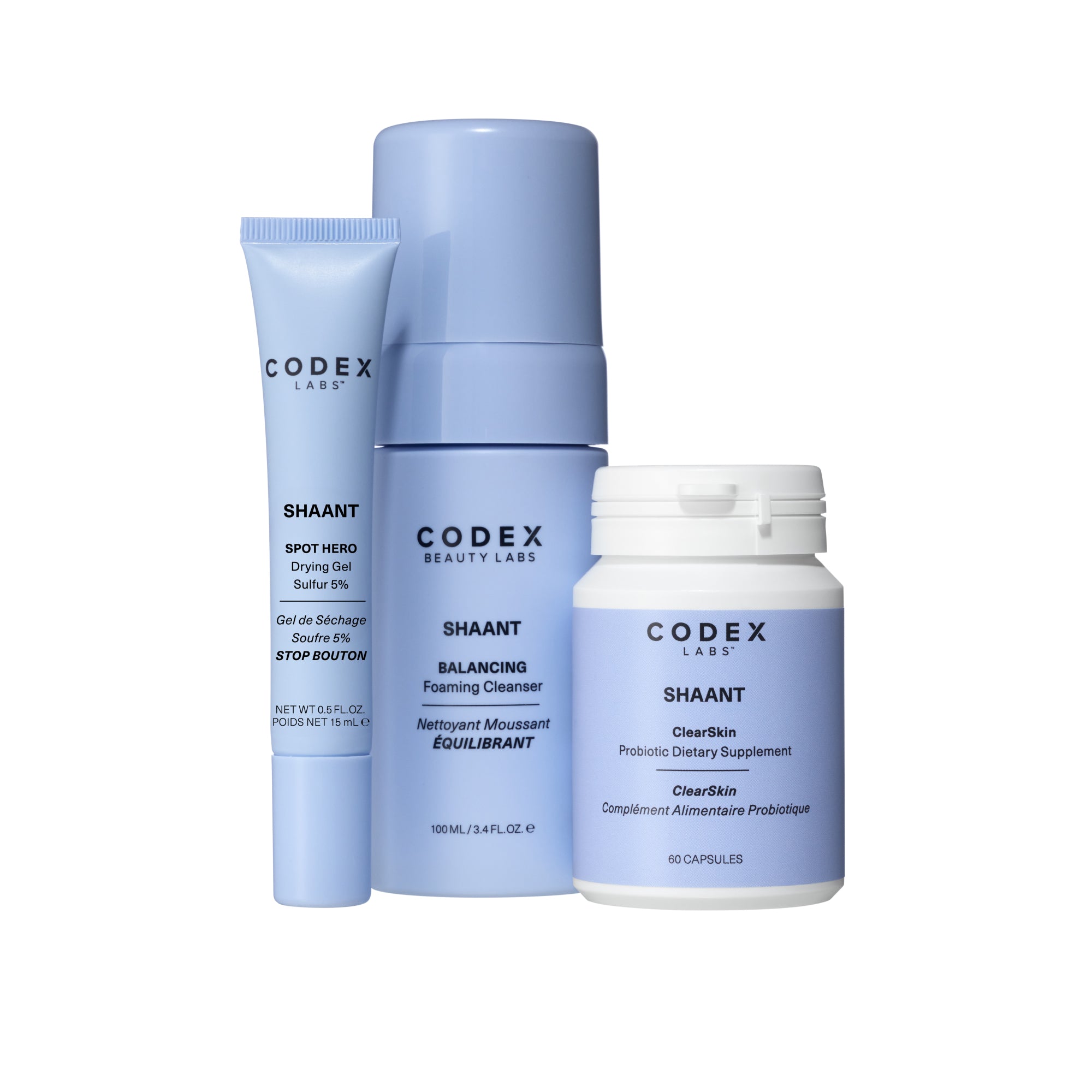 A set of three skincare products from CODEX LAB, including a cleanser, spot treatment, and a supplement, all in a coordinated blue color scheme.