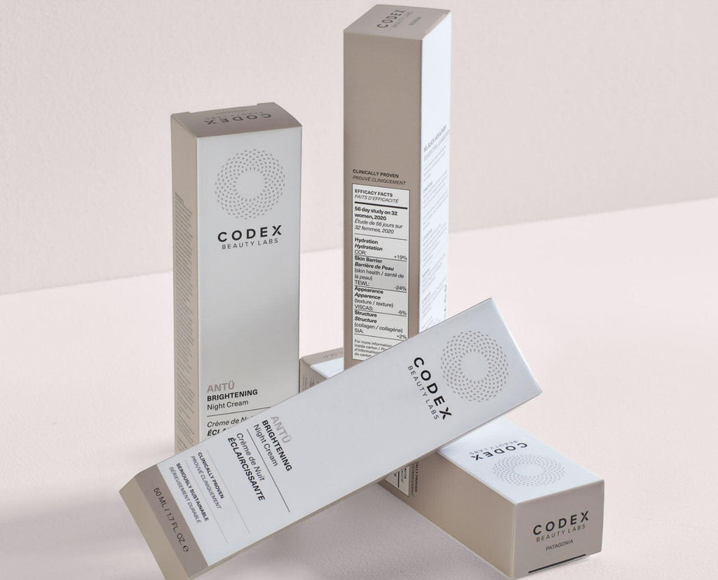 Image of Codex Beauty Labs Antu product bottles in cardboard packaging