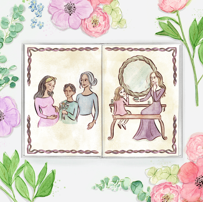 Water color style painting of a mother with her family. Surrounded by flowers and plants.