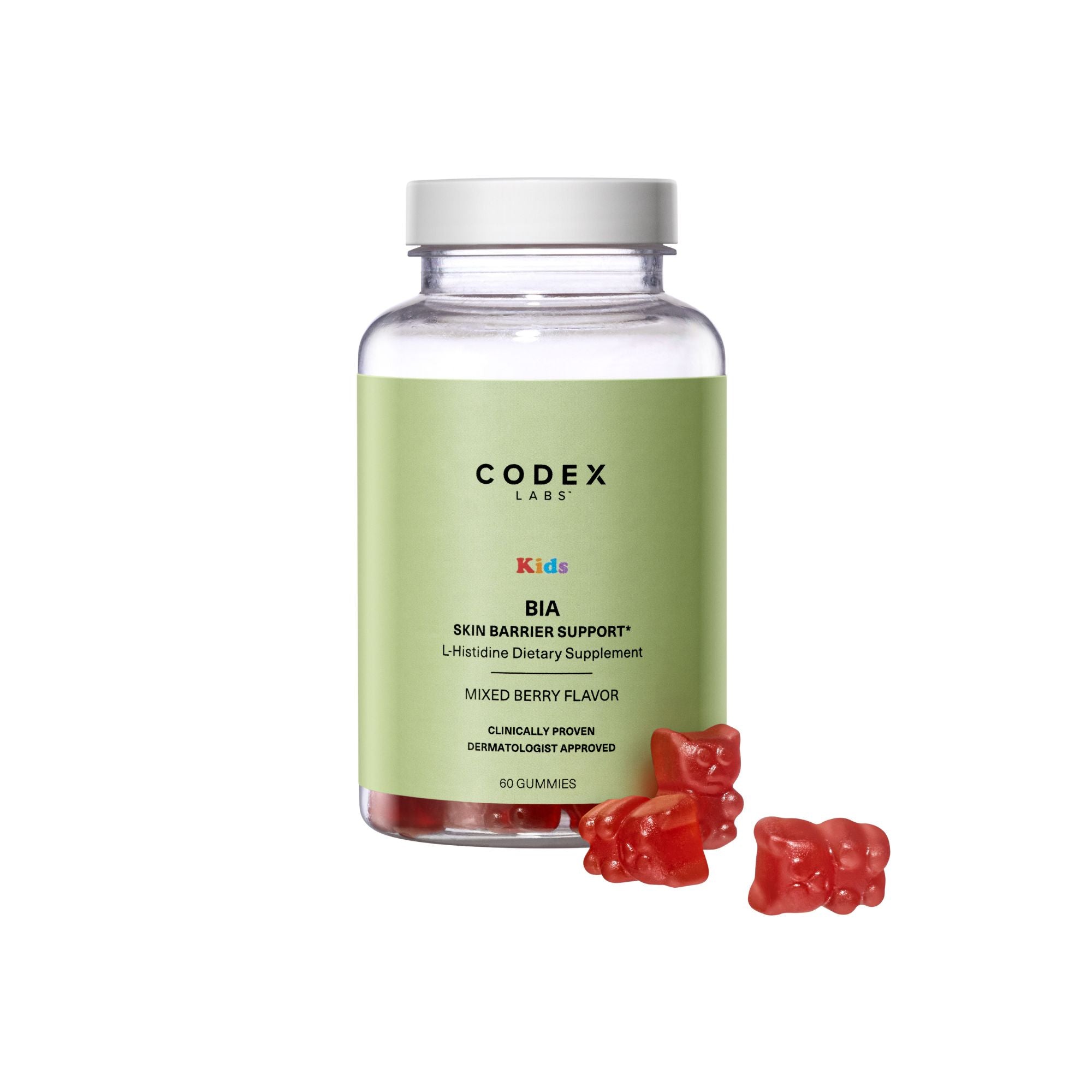 Codex Labs BIA Kids Skin Barrier Support L-Histidine Dietary Supplement in Mixed Berry! A daily kids' (4-12 years) dietary supplement that fortifies the skin barrier. They contain the amino acid L-Histidine as well as key vitamins and minerals.