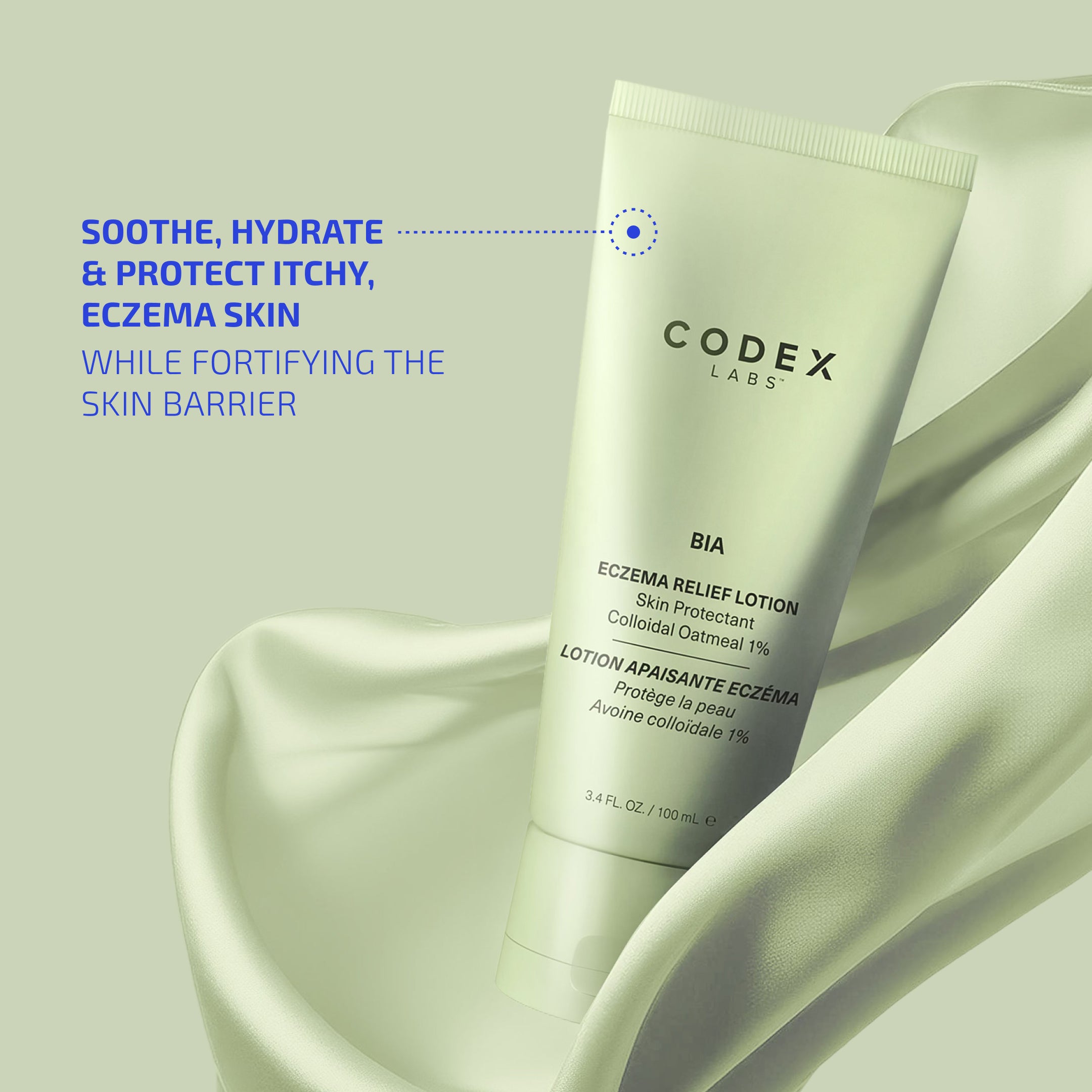 Codex Labs BIA Eczema Relief Lotion tube on a light fabric background