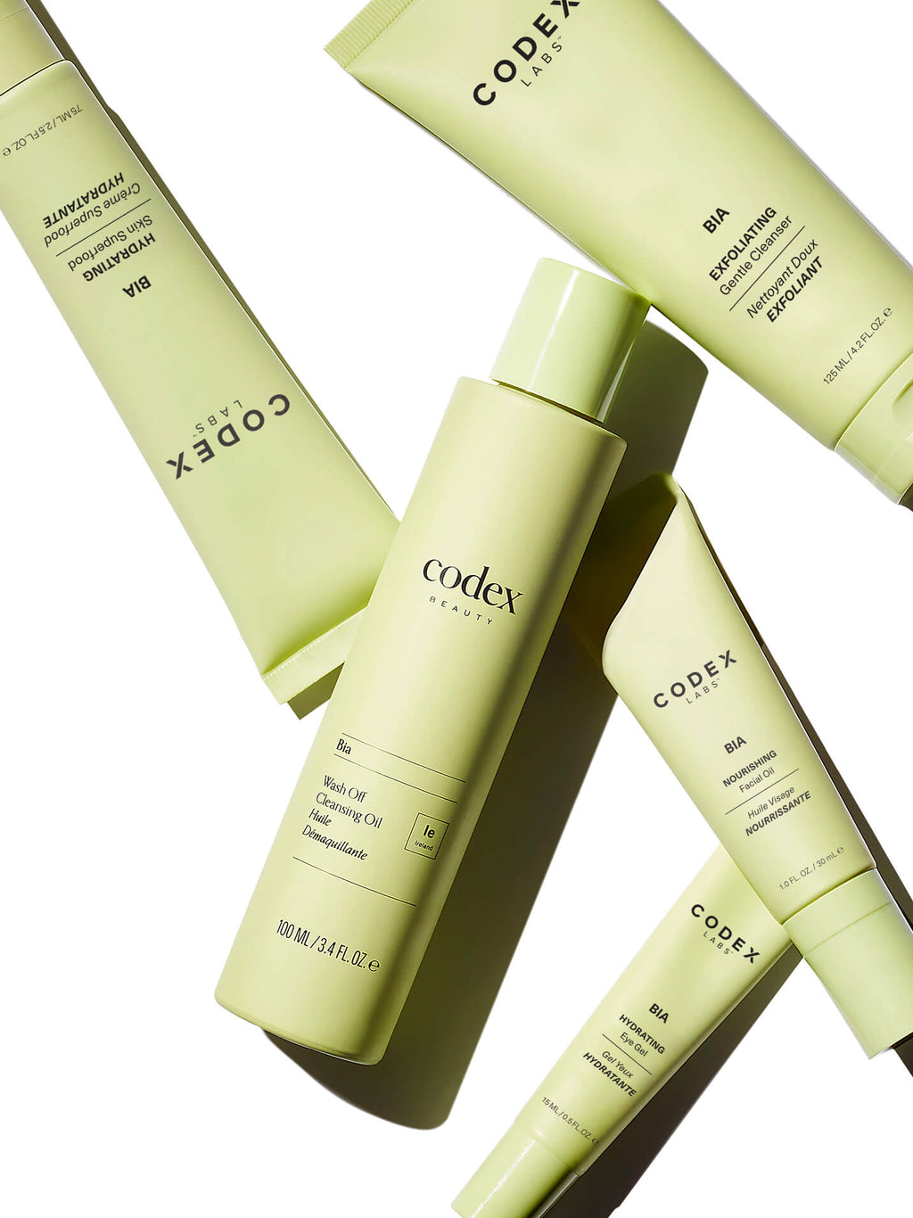 Image of grouped Codex Bia product line bottles on a white background.