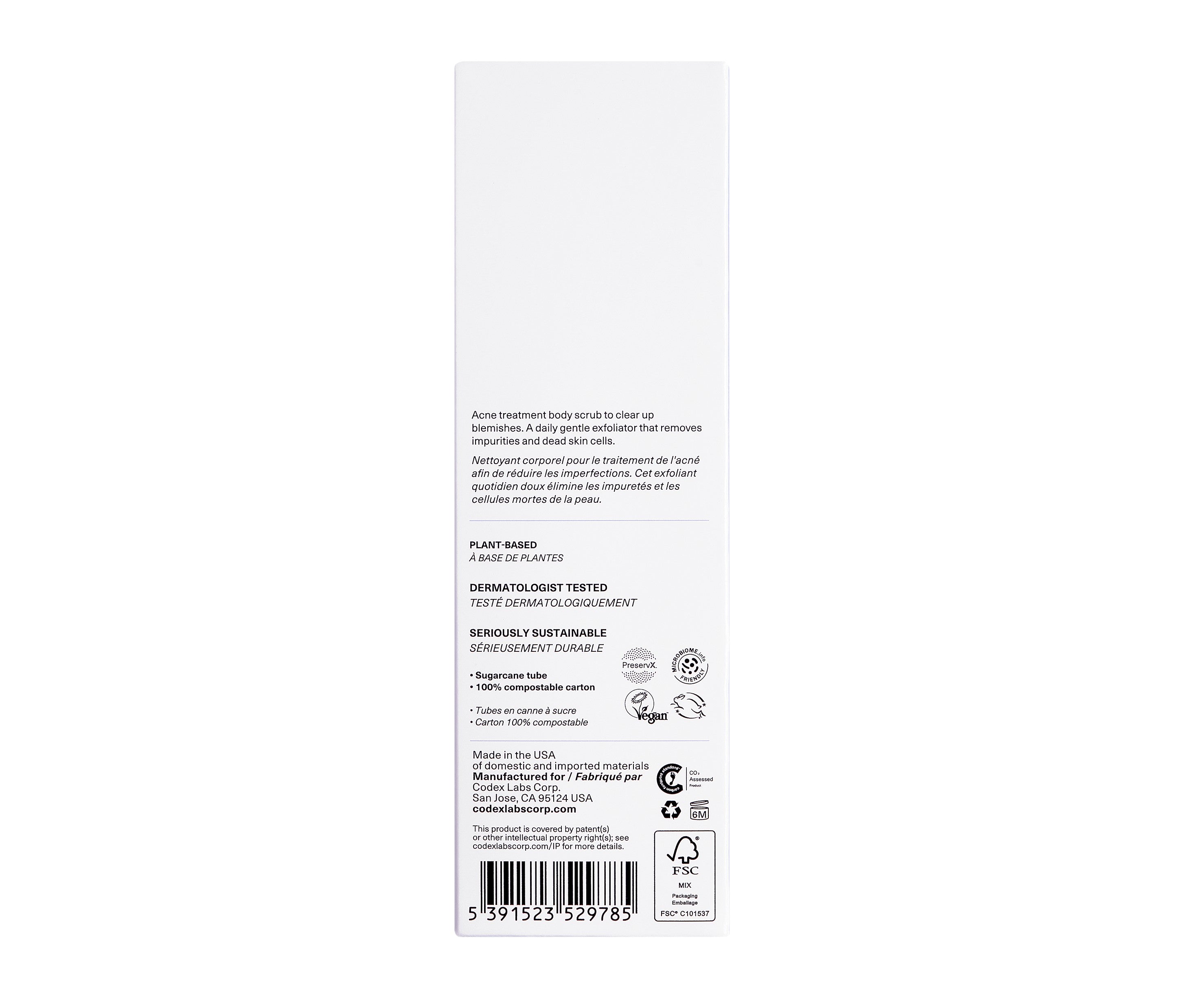 Shaant Hydrating Acne Body Scrub side of carton on white background.