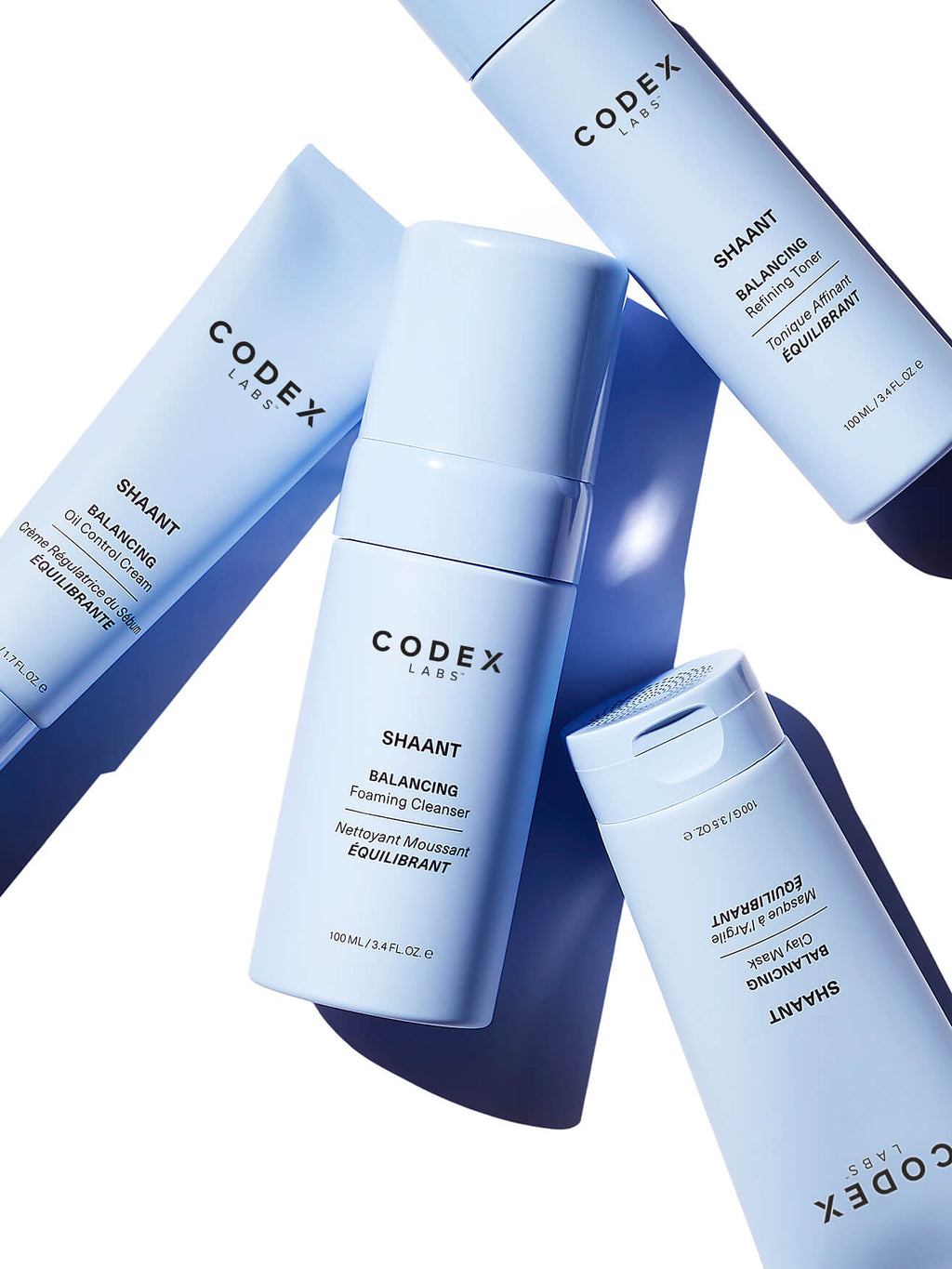 Image of grouped bottles of the Codex Shaant product line on a white background.