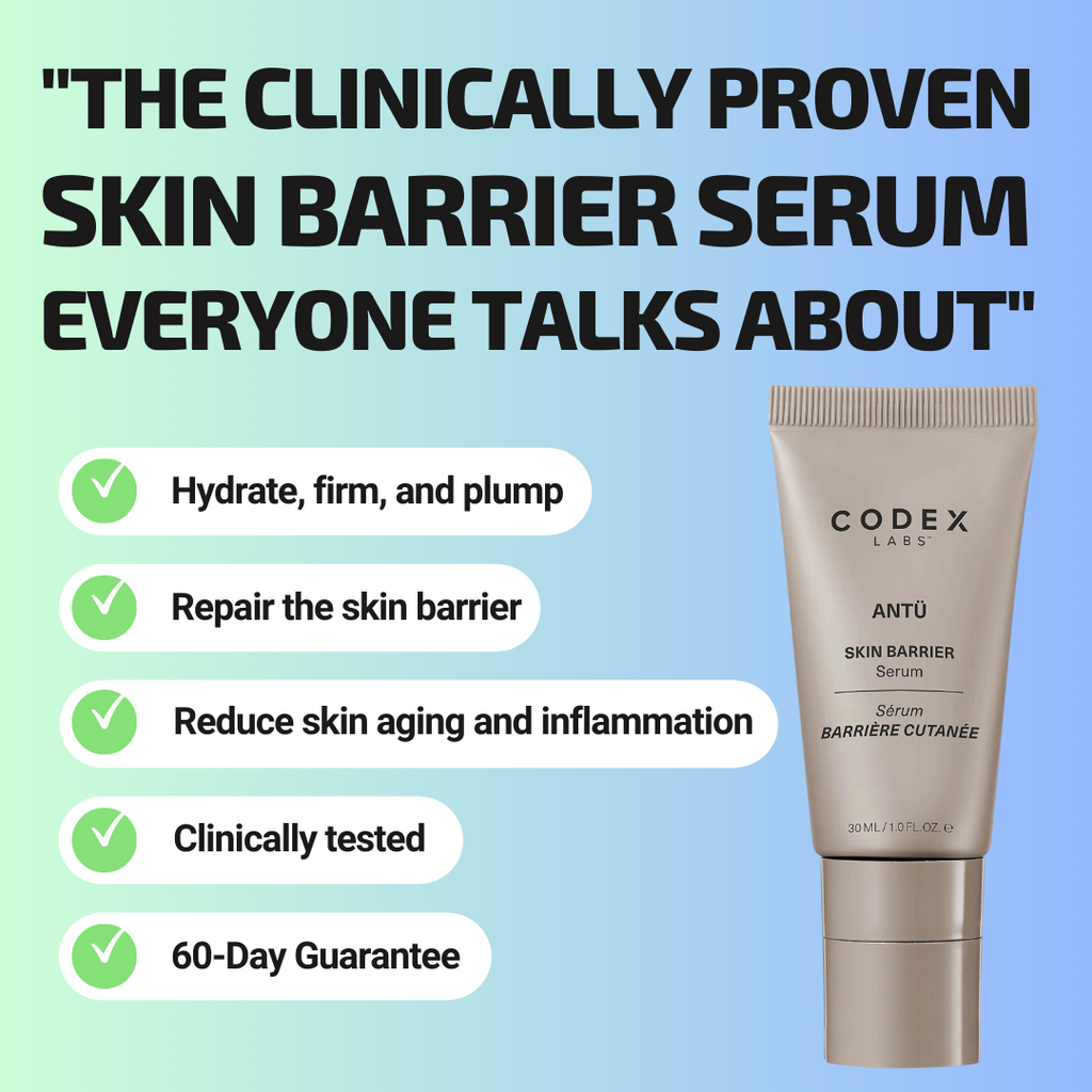 Codex Labs Skin Barrier Serum with detailing its hydrating, repairing, anti-inflammatory properties, clinical testing and sixty day guarantee.