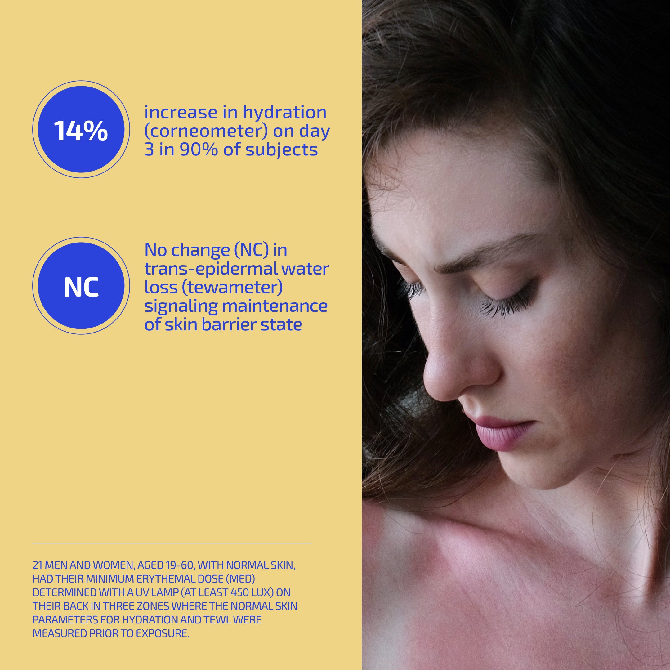 Woman's face with skincare information on hydration and skin barrier state.