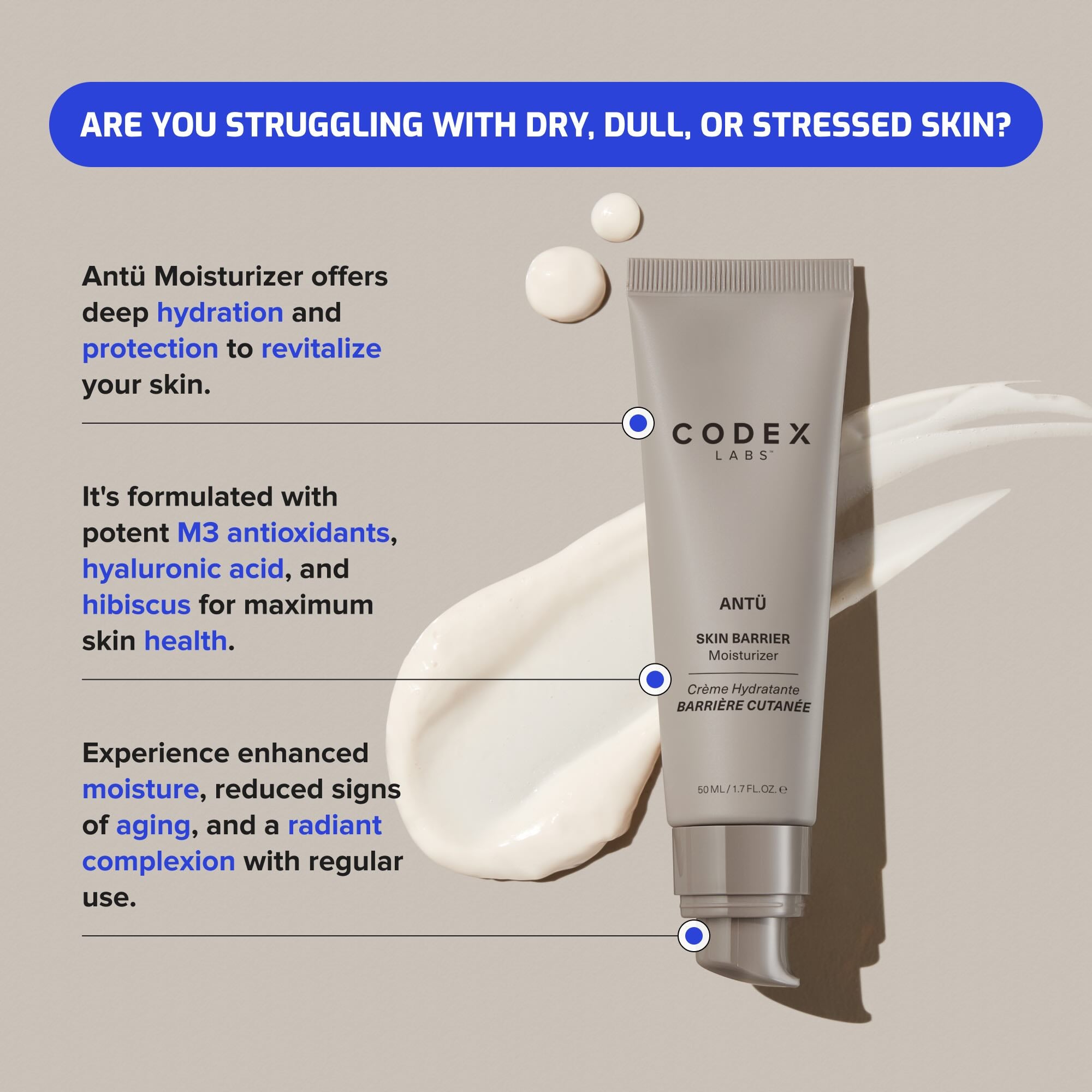 Antü Skin Barrier Moisturizer product benefits infographic.