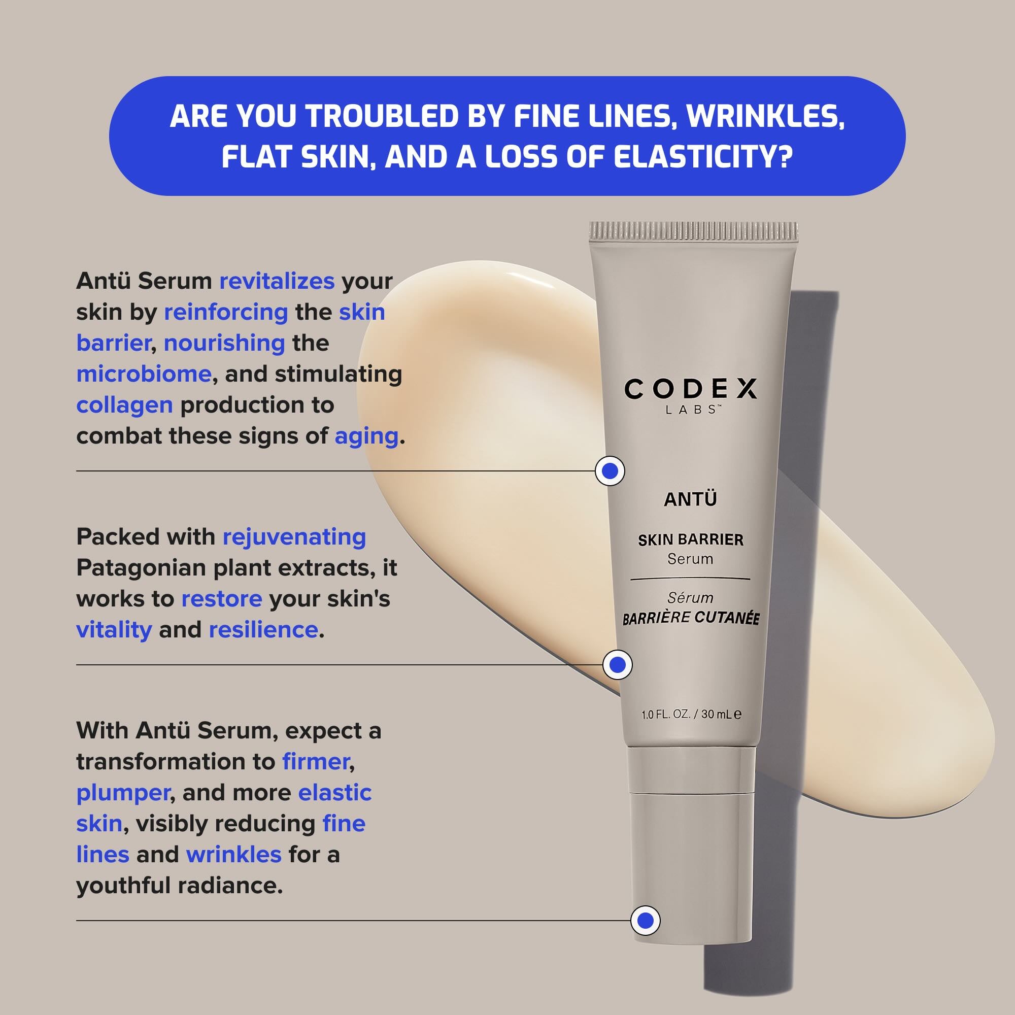 Antü Skin Barrier Serum product benefits infographic.