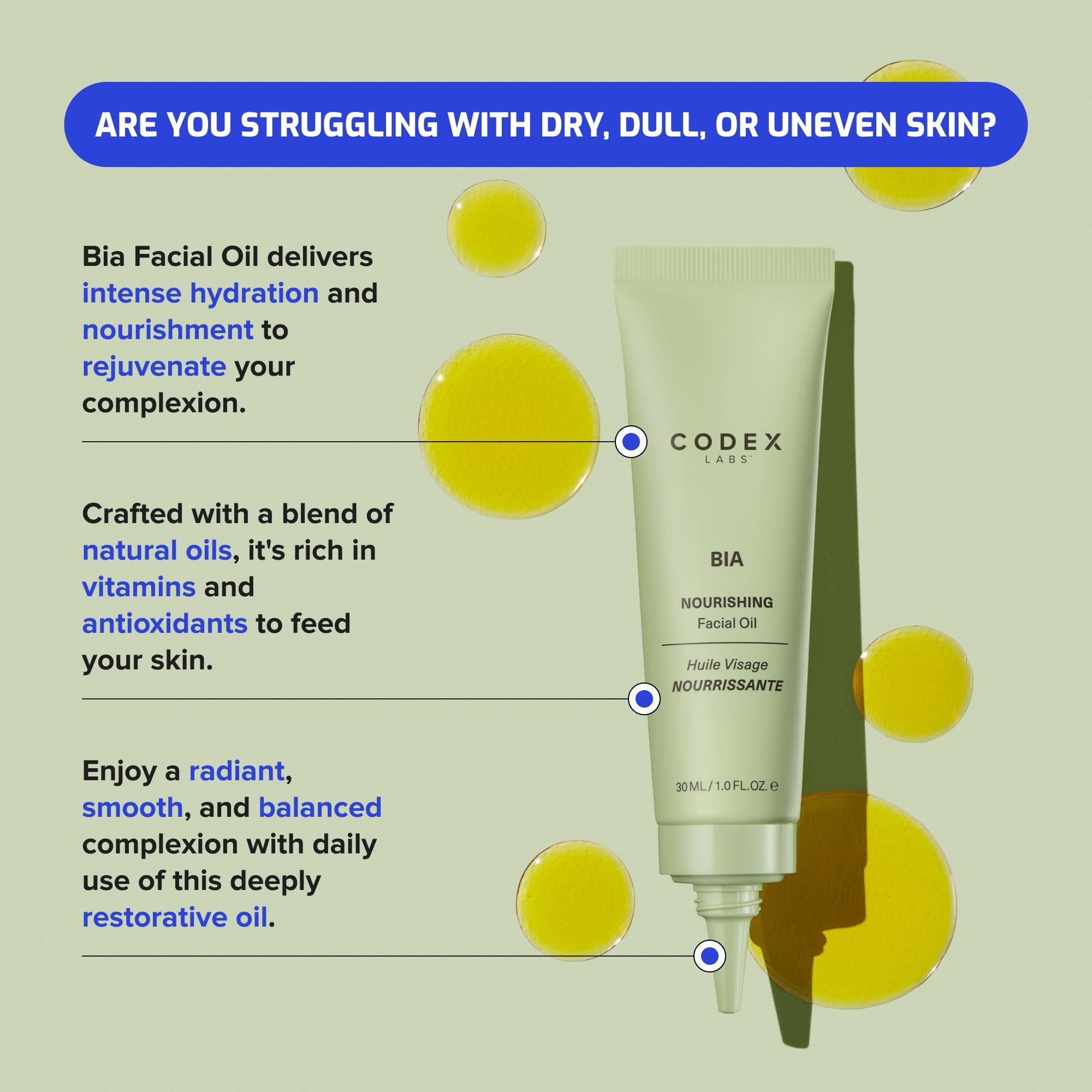 Bia Facial Oil  product benefits infographic.